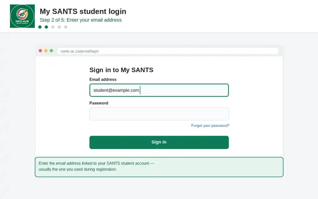 My SANTS student login page showing where to enter your email address