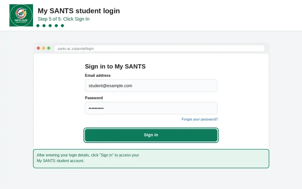 My SANTS student login page showing the Sign In button to access the account