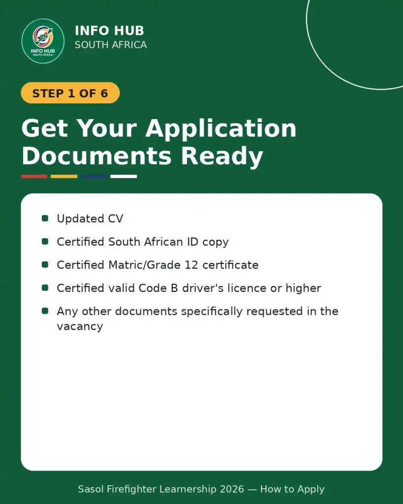 Sasol Firefighter Learnership application documents checklist including CV, certified ID, Matric certificate and driver's licence