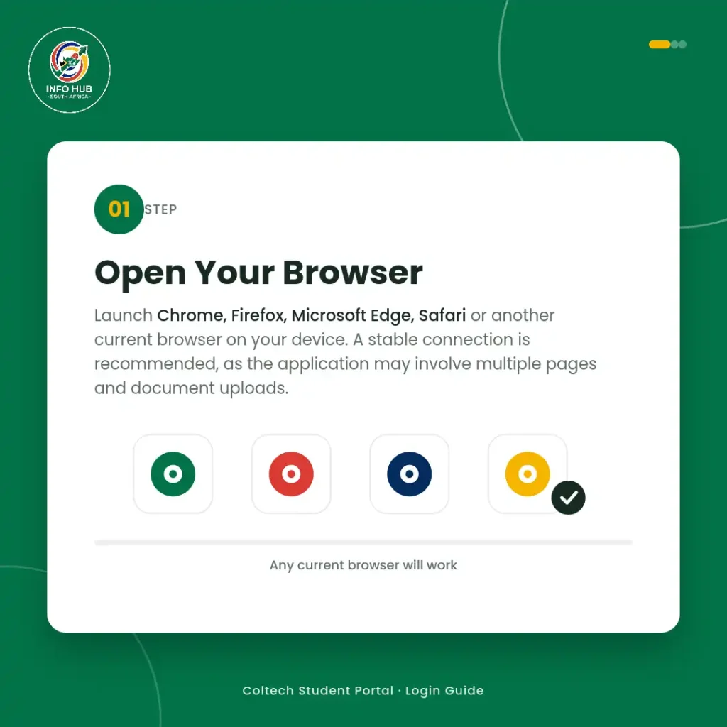 Coltech Student Portal login guide showing how to open a web browser