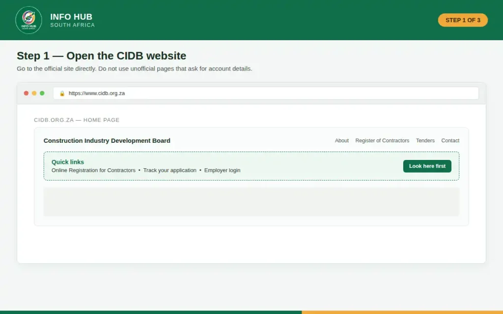 Official CIDB South Africa website showing the Online Registration for Contractors service
