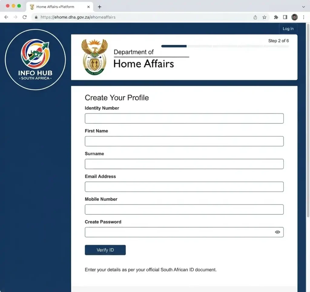 Create an eHomeAffairs profile for a South African passport application