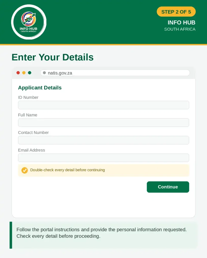 Enter personal details on the NaTIS learners licence booking online portal