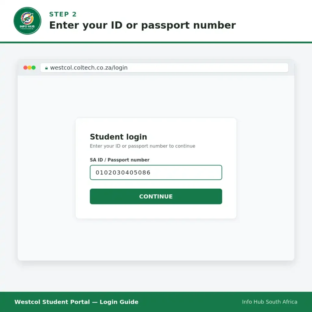 Westcol Student Portal login screen showing the field to enter an ID or passport number