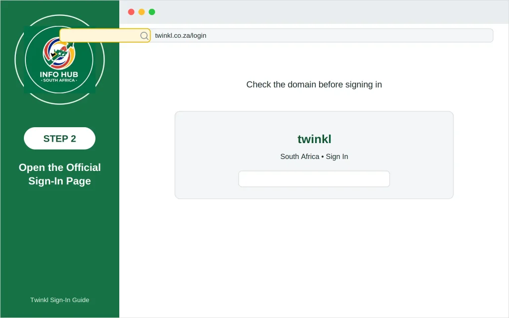 Twinkl South Africa official sign-in page showing the twinkl.co.za website address for accessing an account.
