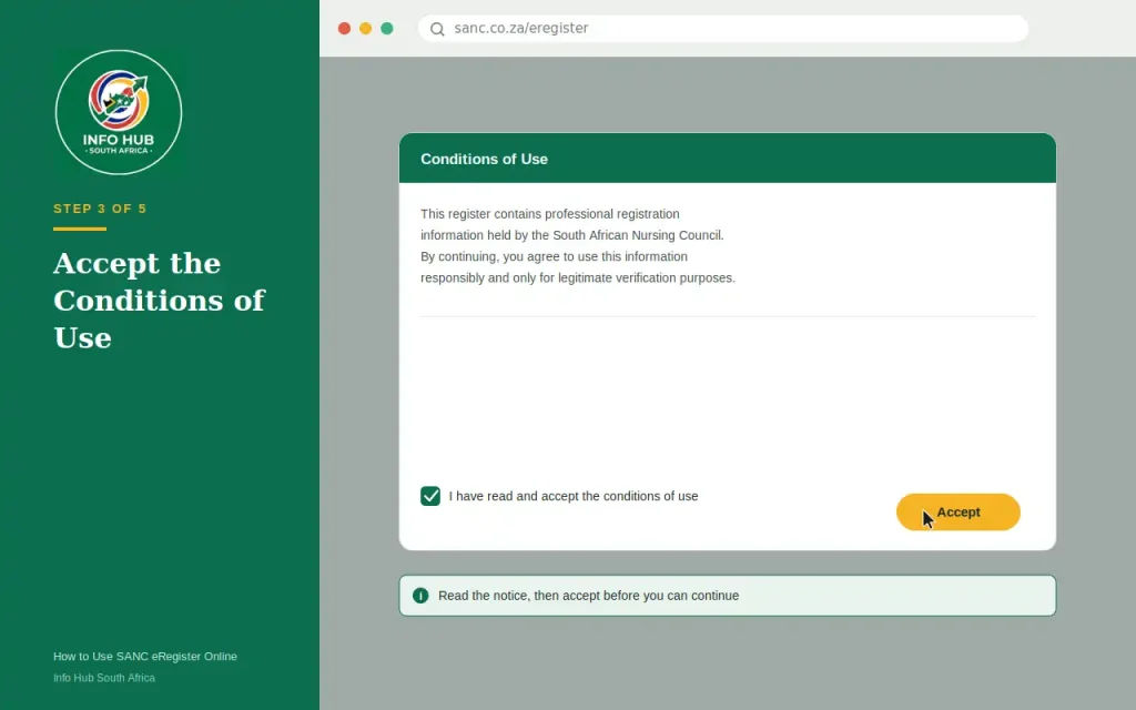 SANC eRegister conditions of use acceptance screen