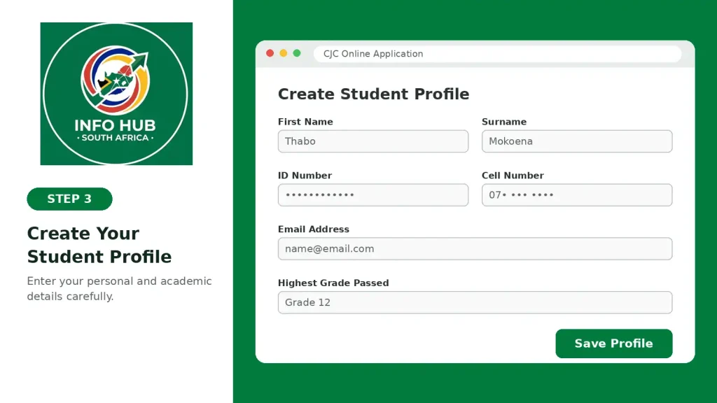 CJC student profile registration with personal and academic details