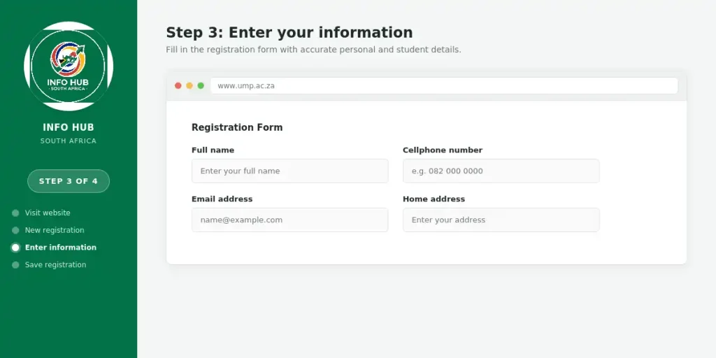 Enter personal and student information in the University of Mpumalanga registration form.