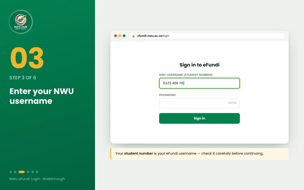 NWU eFundi login page showing the username field for student number