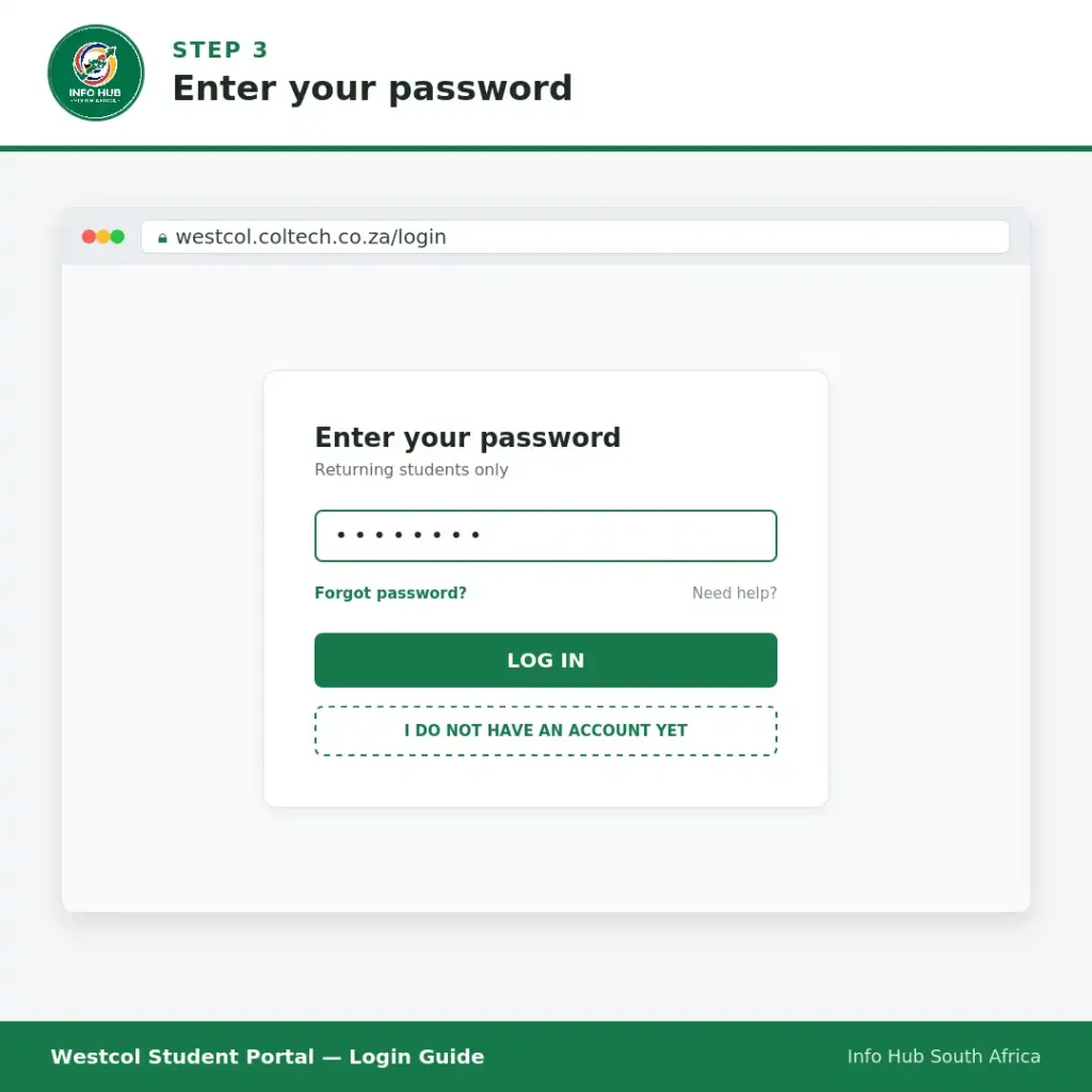 Westcol Student Portal password login page with forgot password and new account options