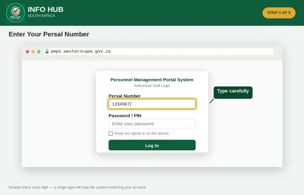 PMPS login screen for entering a Persal number