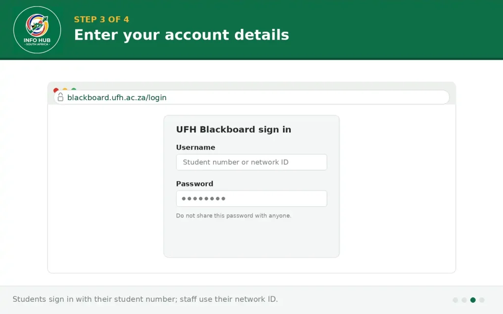 UFH Blackboard login screen showing where students enter their student number and password