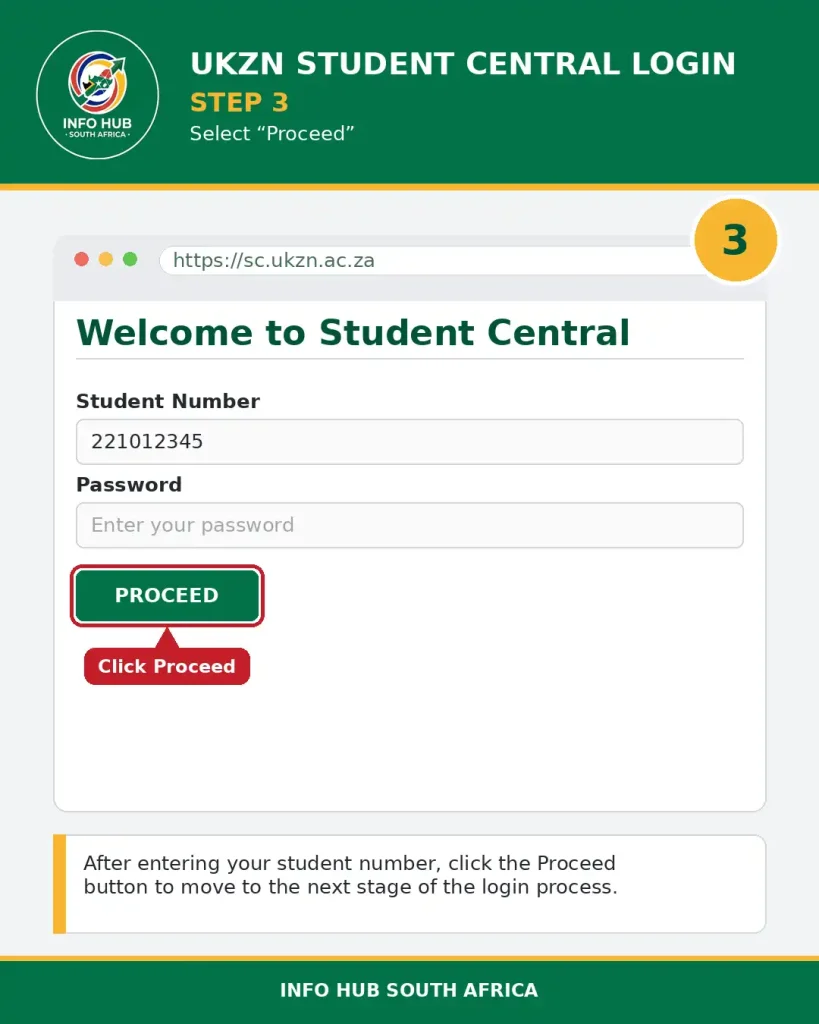 UKZN Student Central login page with the Proceed button