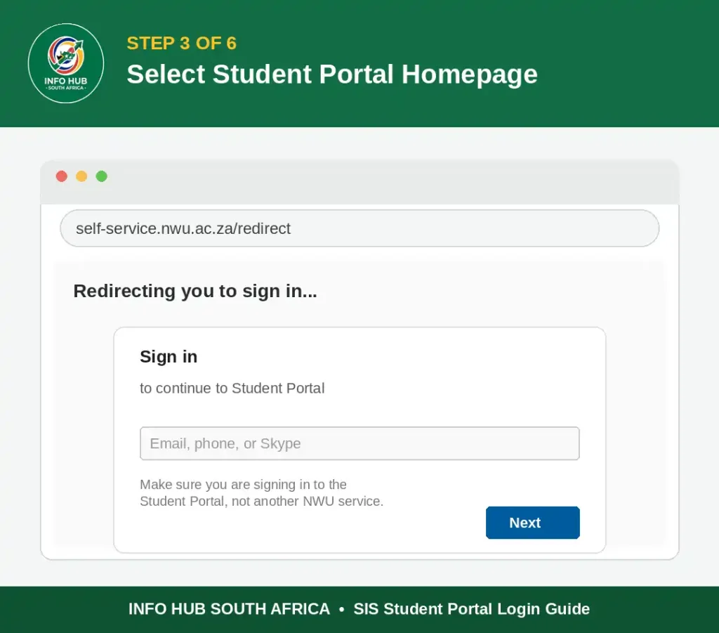 Select Student Portal Homepage on the official NWU SIS portal