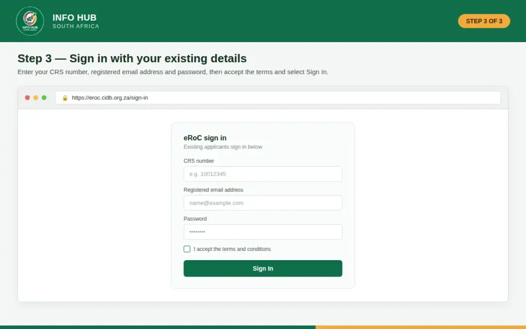CIDB contractor login page with CRS number, registered email address and password fields