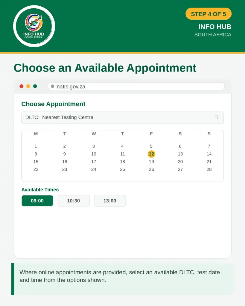 Choose an available DLTC, test date and time for learners licence booking