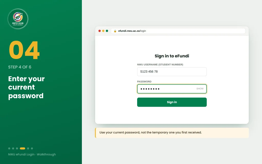 NWU eFundi login password field for entering current NWU password