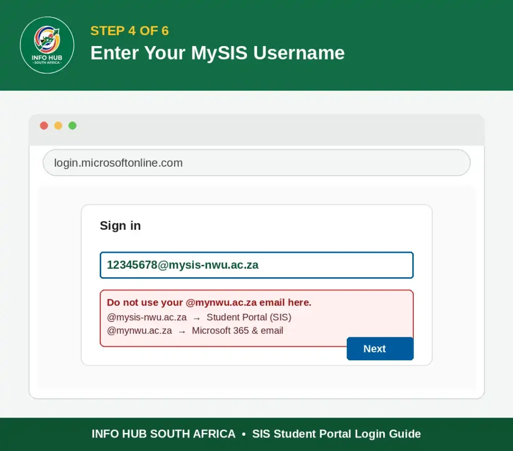 Enter the MySIS username with studentnumber@mysis-nwu.ac.za for NWU SIS login