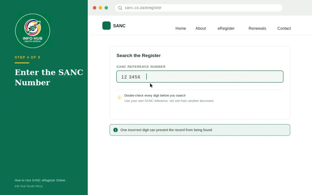 SANC eRegister search field for entering a SANC reference number