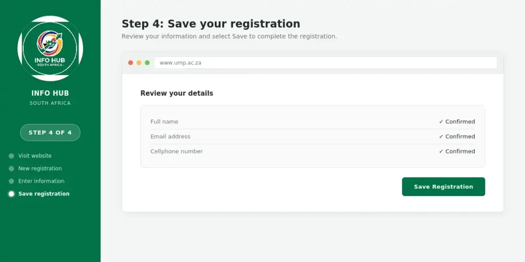 Review and save the completed University of Mpumalanga student registration form to finish the process.