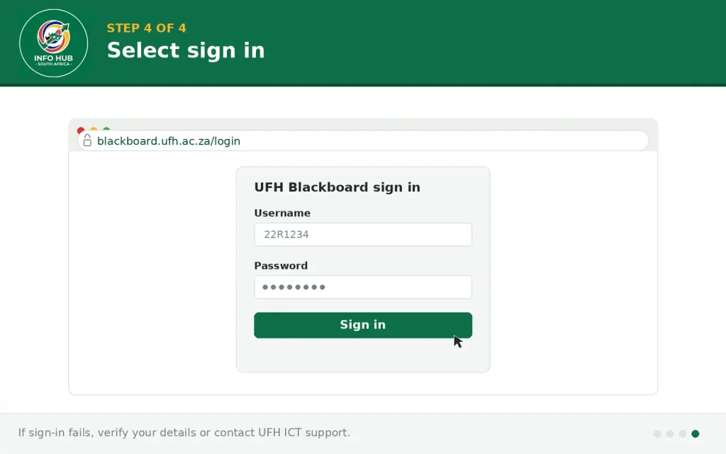 UFH Blackboard sign-in screen showing the option to log in to the student learning environment