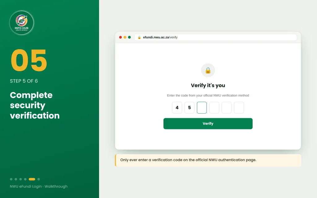 NWU eFundi security verification screen during student login