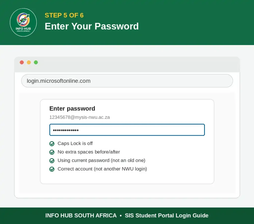 Enter the MySIS password to access the NWU SIS Student Portal