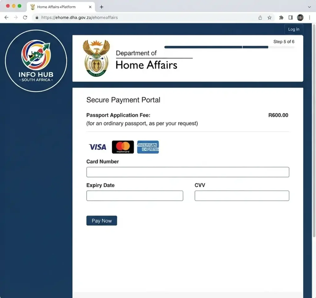 Pay the South African passport application fee through eHomeAffairs