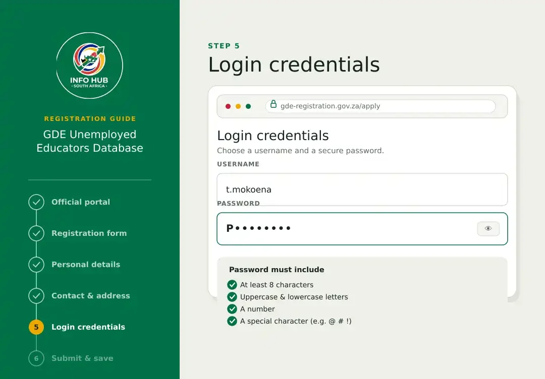 GDE registration page for creating a secure username and password