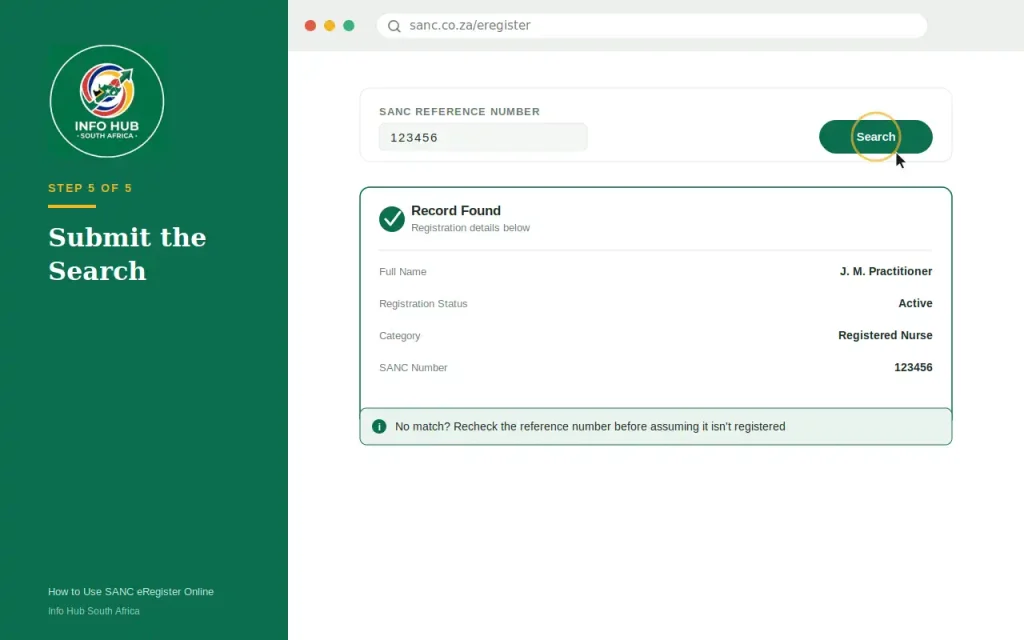 SANC eRegister search option for verifying nursing registration details