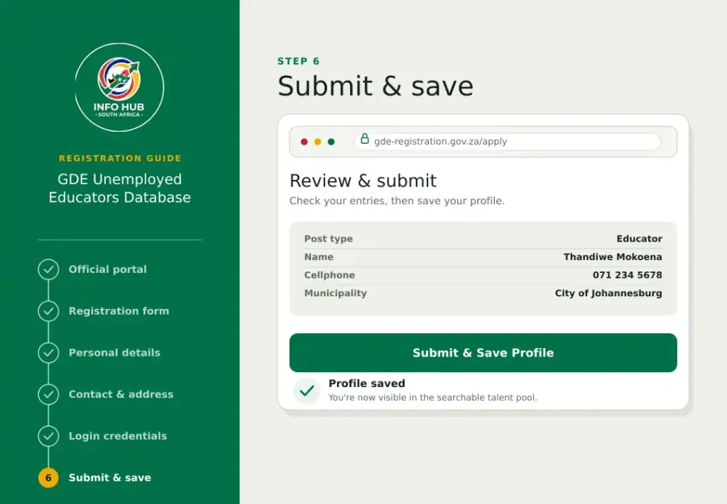 GDE Unemployed Educators Database registration form review and profile submission page