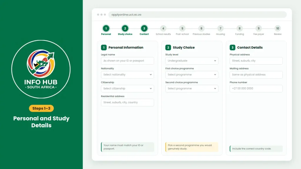 UCT online application Steps 1 to 3 showing personal information, study choices and contact details.