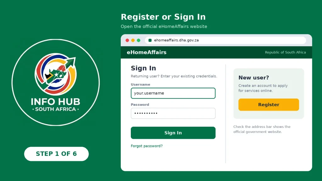South African passport renewal online registration and login page on the official eHomeAffairs website.