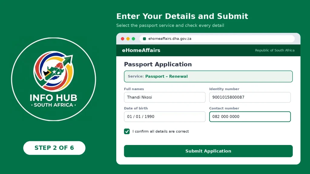 Completing a South African passport renewal application online using the eHomeAffairs portal.