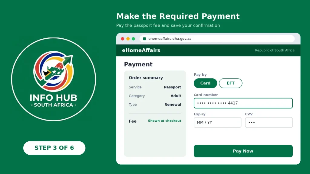 Paying the South African passport renewal fee online through the official eHomeAffairs system.