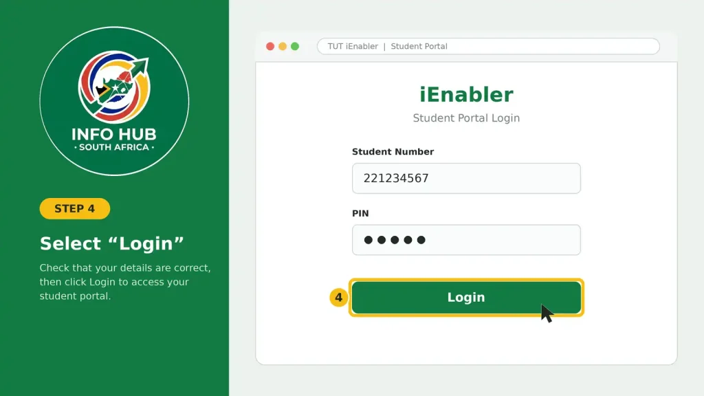 TUT iEnabler login page with the student number and PIN entered, ready to click the “Login” button.