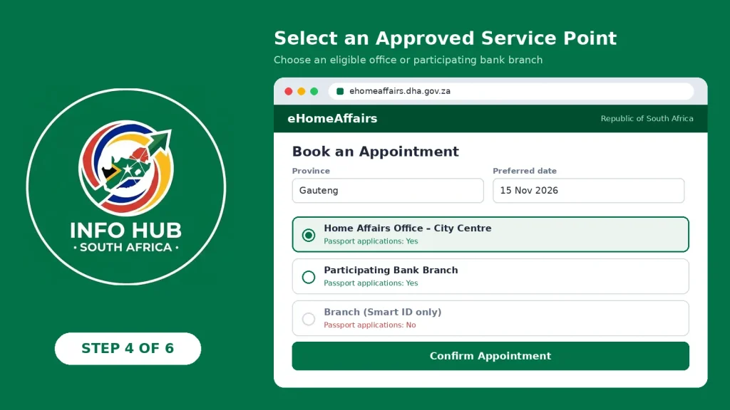 Choosing a Home Affairs office or participating bank branch for a South African passport renewal appointment.
