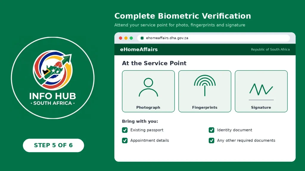 South African passport applicant completing biometric verification, including photograph and fingerprint capture, at an authorised service point.