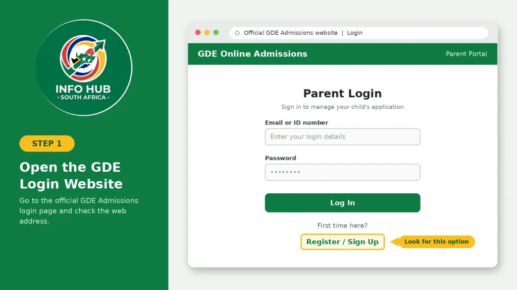 GDE parent login website showing the online registration page for parents and guardians