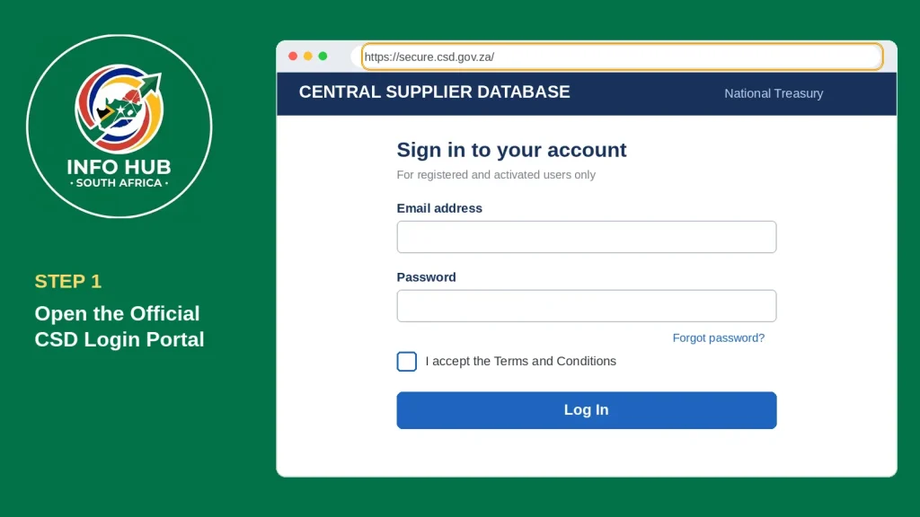 Official CSD login portal page for accessing the Central Supplier Database account.