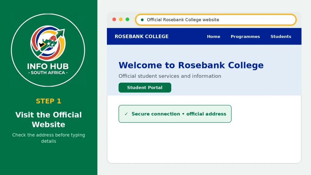 Student opening the official Rosebank College student portal on a laptop, showing a secure college website homepage.