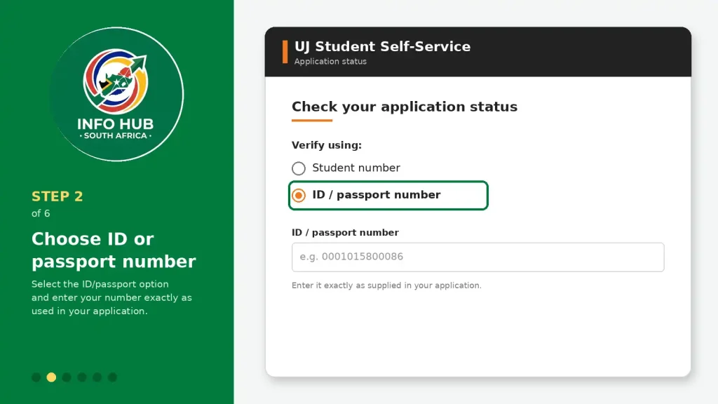 UJ application status page showing student number or ID passport number verification option