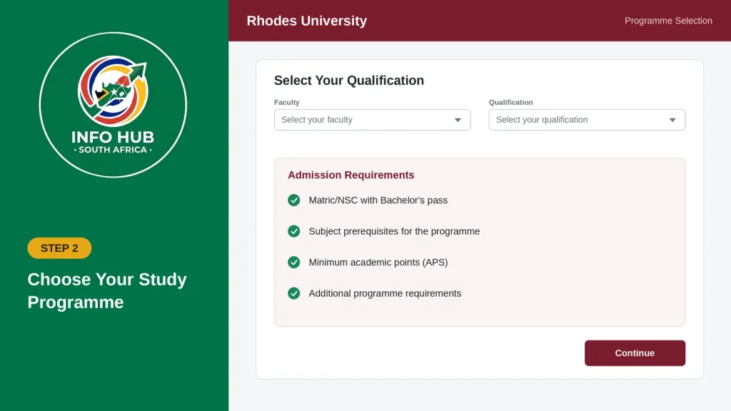 Selecting a degree programme and faculty on the Rhodes University online application portal.