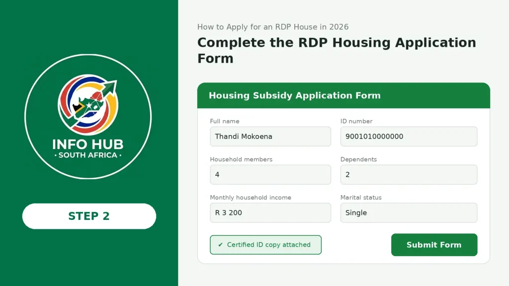 Applicant completing an RDP housing subsidy application form and preparing the required supporting documents.