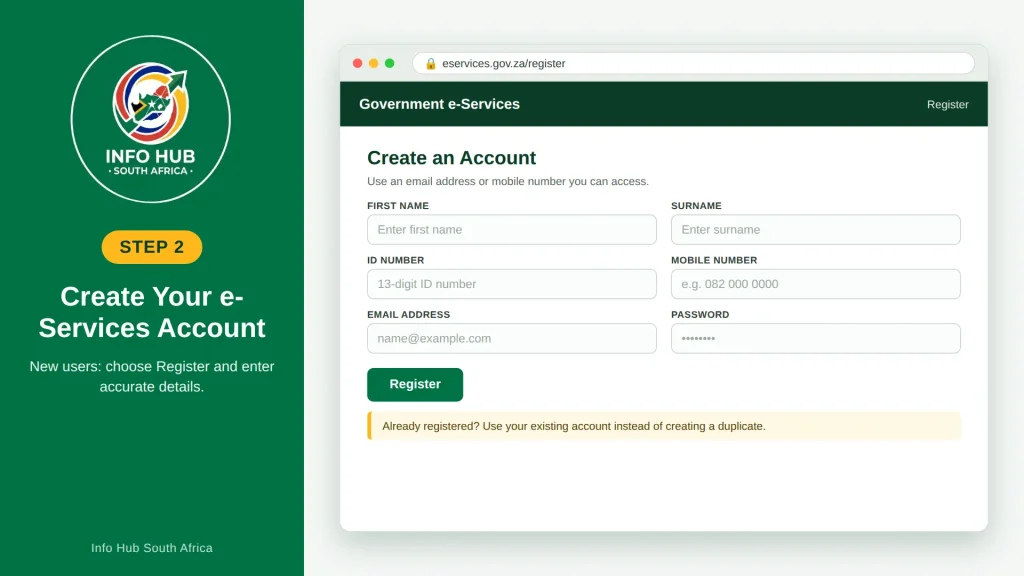 Creating a new e-Services account for the Funza Lushaka bursary application.