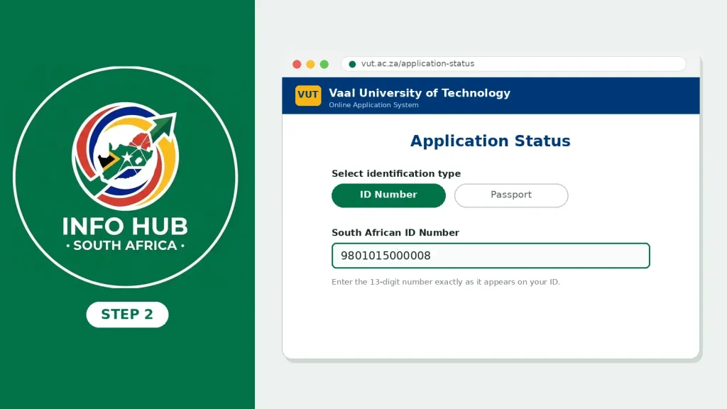 Enter your South African ID number or passport number to check your VUT application status.