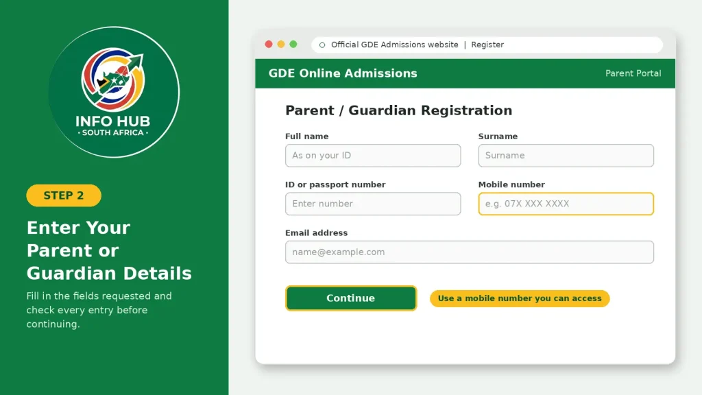 GDE parent registration form for entering parent or guardian personal and contact details
