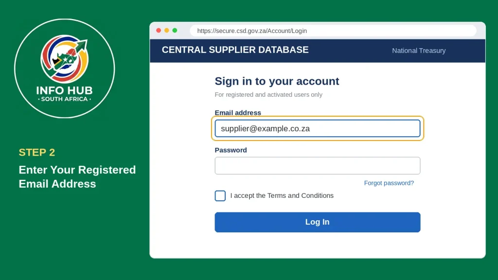 CSD login page showing the registered email address field for supplier account access.