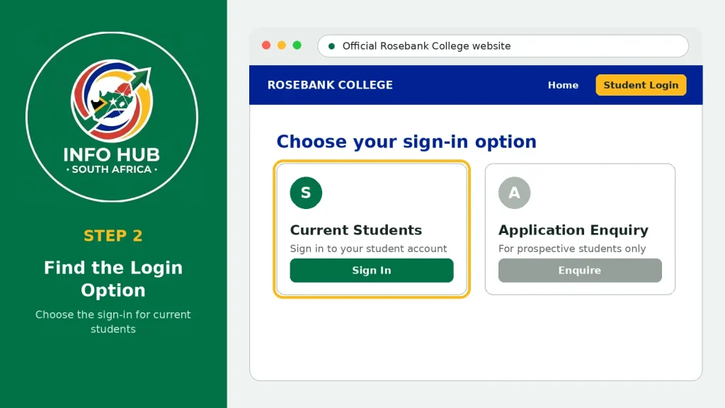 Student navigating the Rosebank College website and locating the current students login option on a laptop screen.