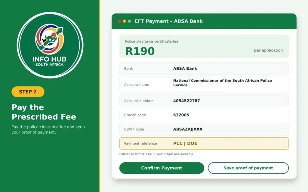 Paying the police clearance certificate application fee at a bank using the required SAPS payment reference.